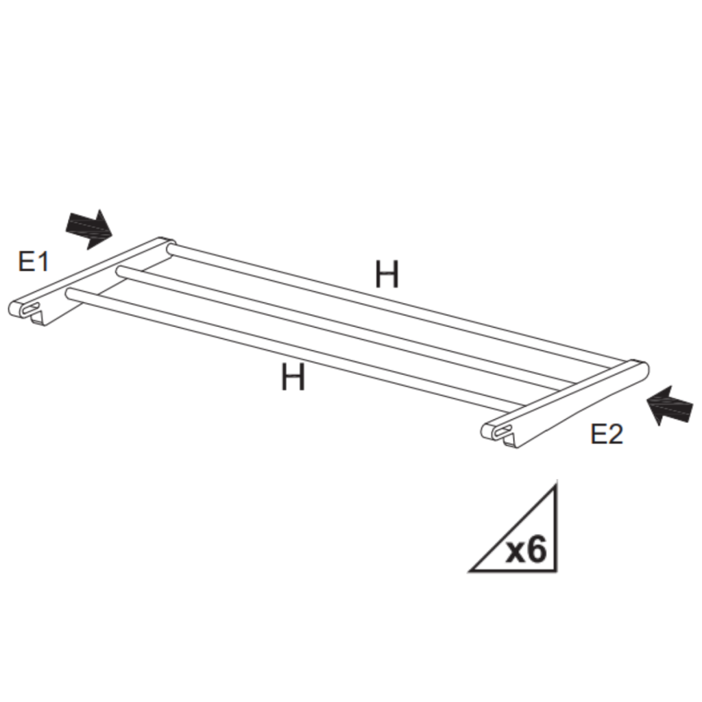 Diagram showing rods attaching to side brackets to form drying shelf frames.