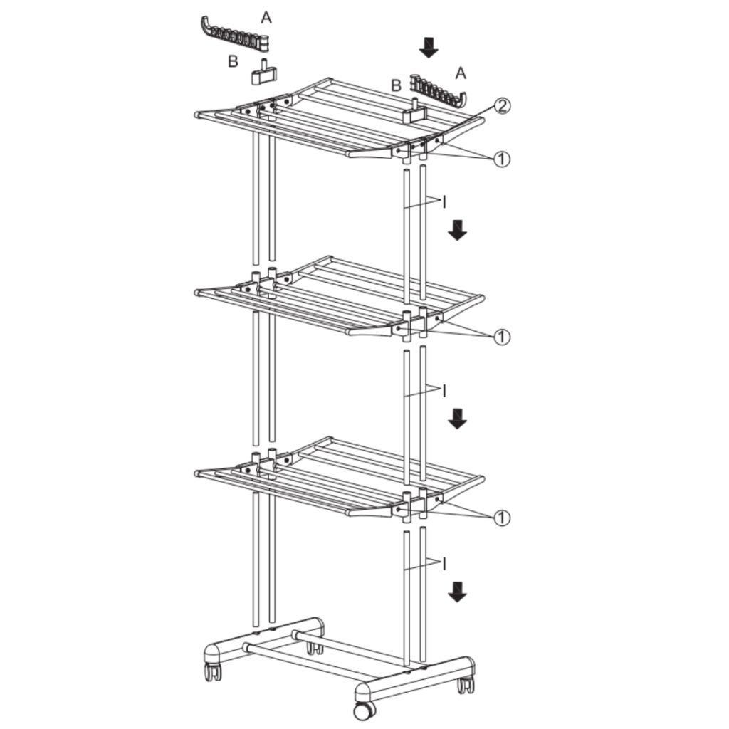 Diagram showing vertical poles with shelves sliding into place from top to bottom.