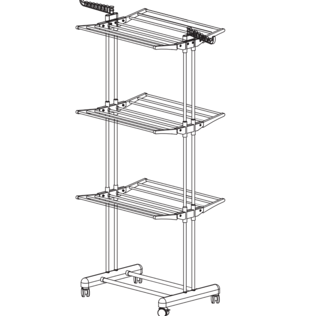 Completed clothes drying rack with three shelves and vertical support poles.