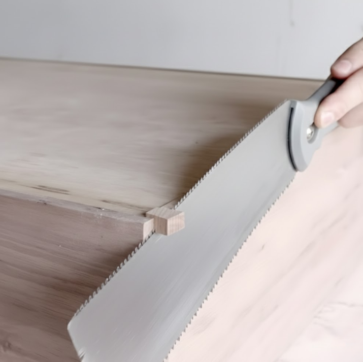 Trimming the dowels flush with the surface of the dog bed frame using a pull saw.