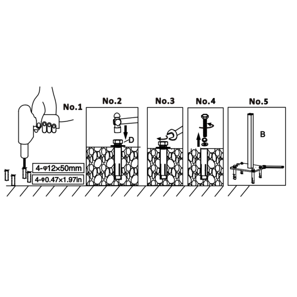 Step-by-step diagram showing receiving post anchored into ground.