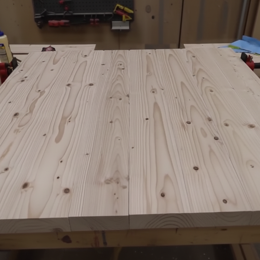 Freshly assembled wooden gate panel on a workbench trimmed to final size before finishing.