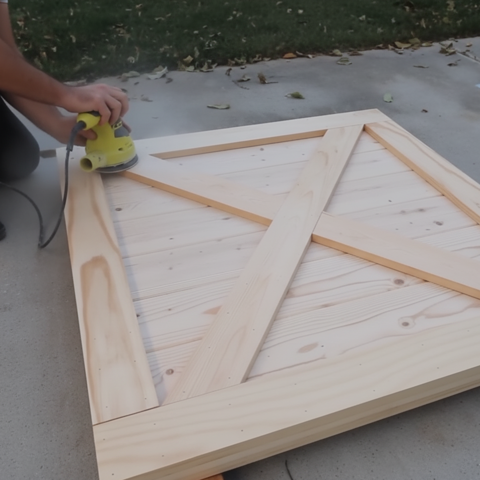 Sanding a wooden dog gate panel for a smooth, even surface after filling nail holes.