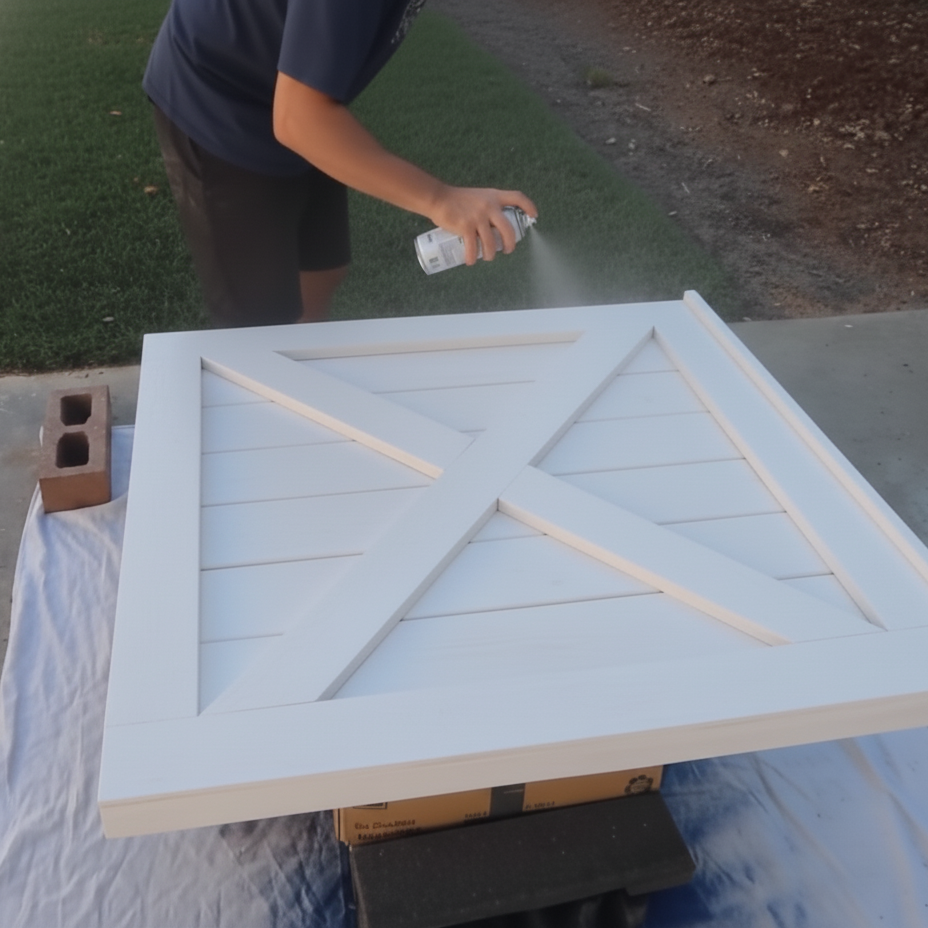Spray-painting a white wooden dog gate outdoors for a smooth, even finish.