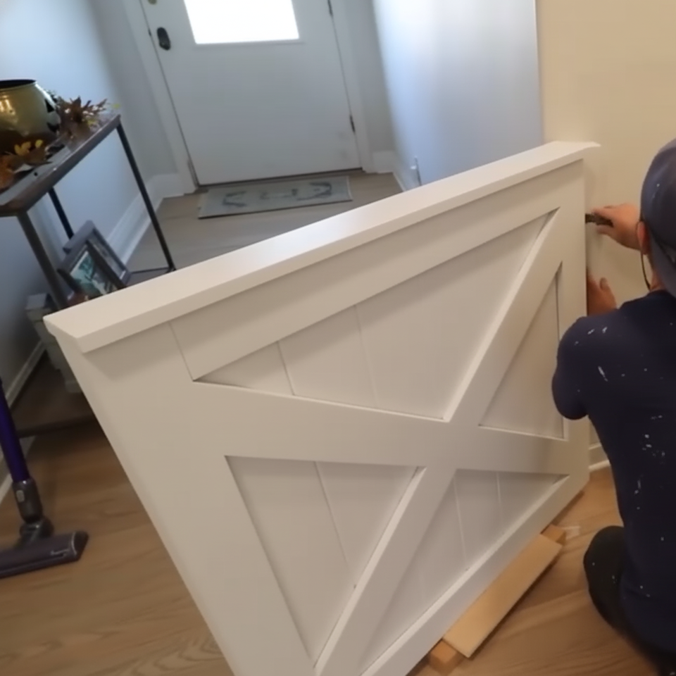DIYer securing a farmhouse-style dog gate to the wall with a drill in a bright entryway.