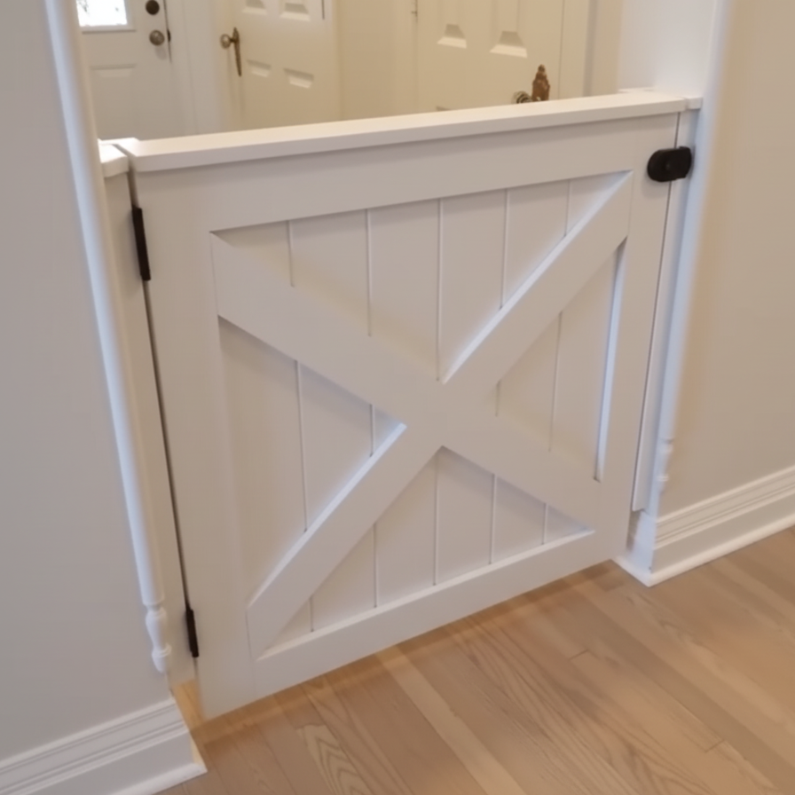 Completed white farmhouse-style dog gate with X design and installed hardware in hallway.
