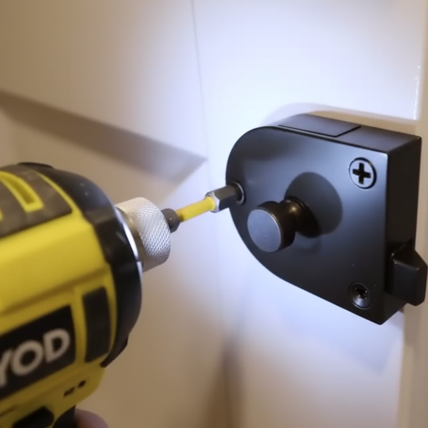 Using a drill to attach a black metal latch to the side of a finished indoor dog gate.