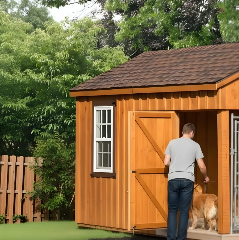 Man guiding a dog into a wooden outdoor kennel on a grassy yard.