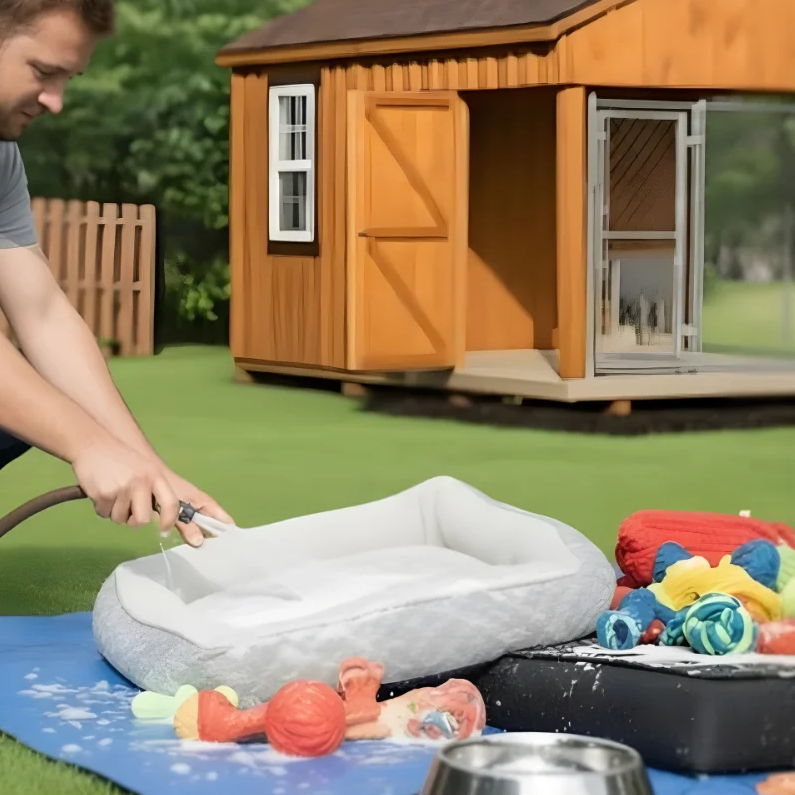 Person washing a dog bed and toys outdoors with soap and hose.