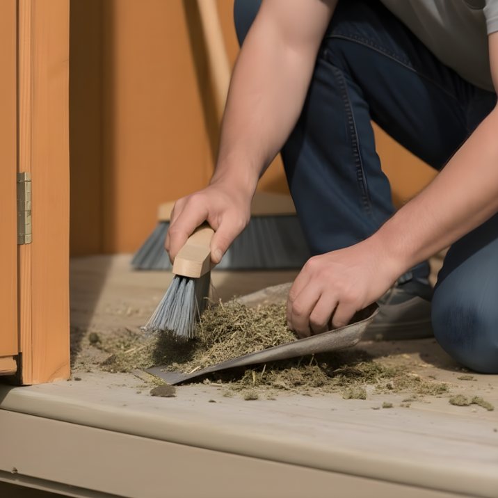 Person sweeping hay, dirt, and debris into a dustpan at the kennel entrance.