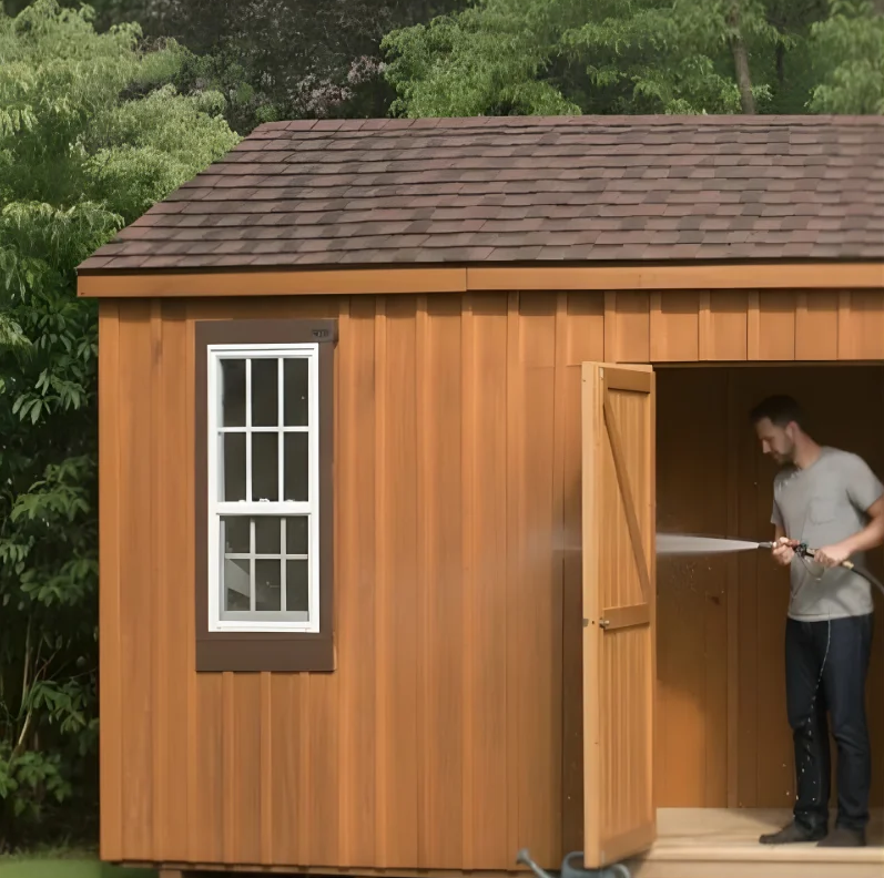 Man spraying water inside the wooden kennel during a deep-cleaning rinse.