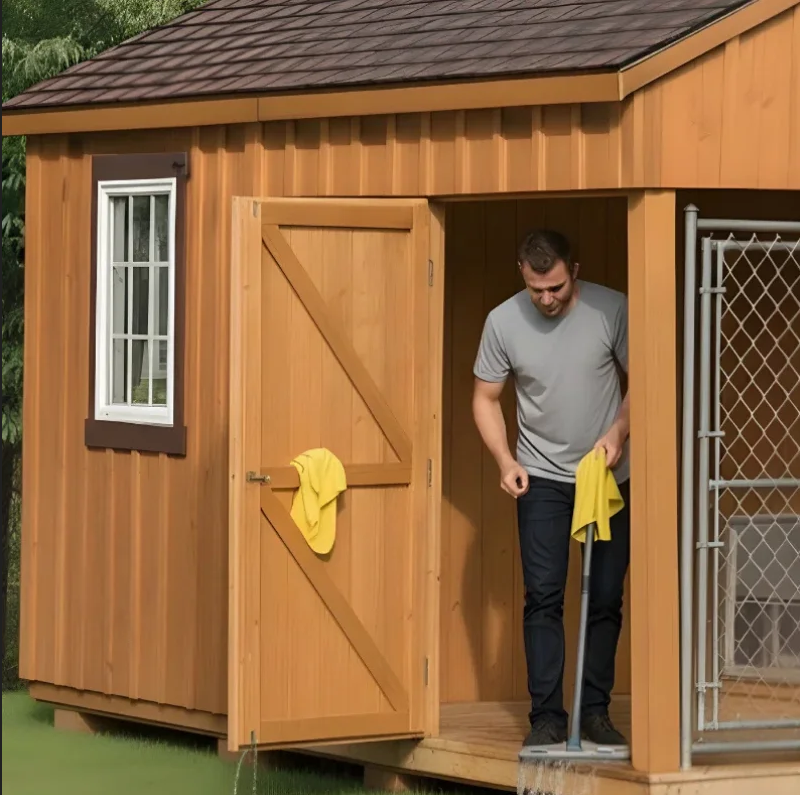 Man standing in kennel doorway using a mop to remove excess water after washing.