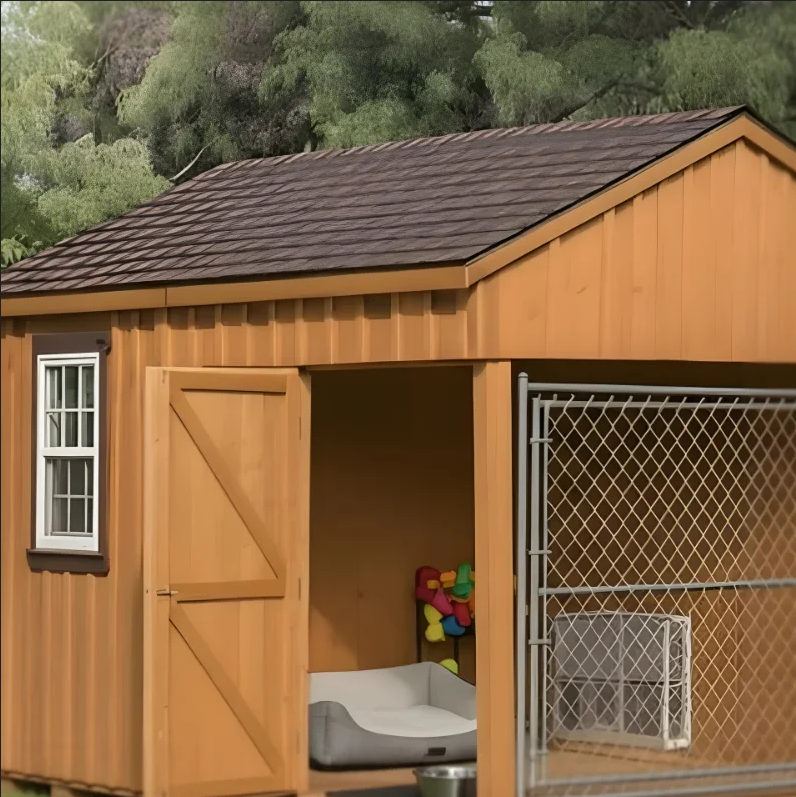 Clean dog bed and toys arranged neatly inside a freshly cleaned wooden kennel.