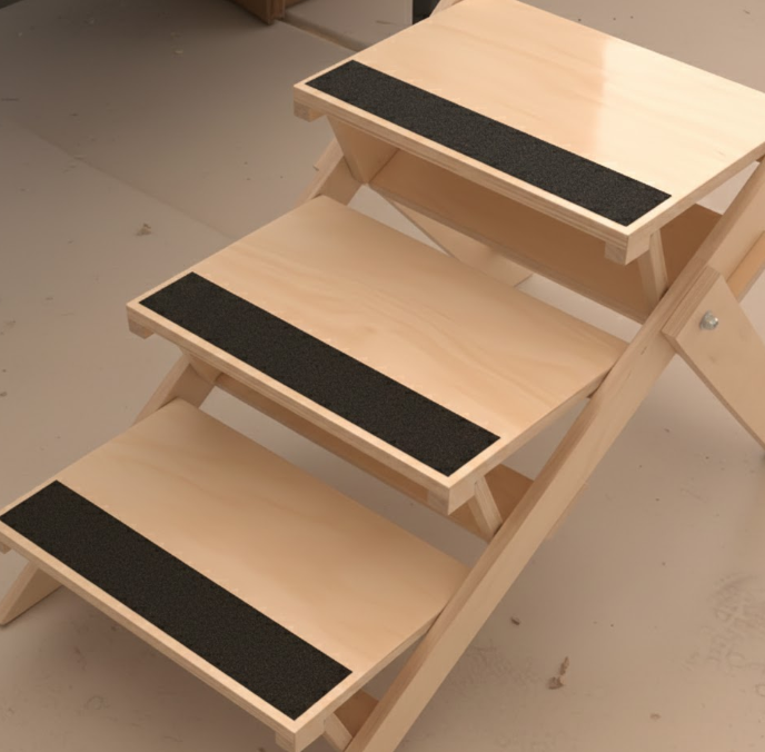 Wooden dog stairs with black non-slip grip tape applied on each step.