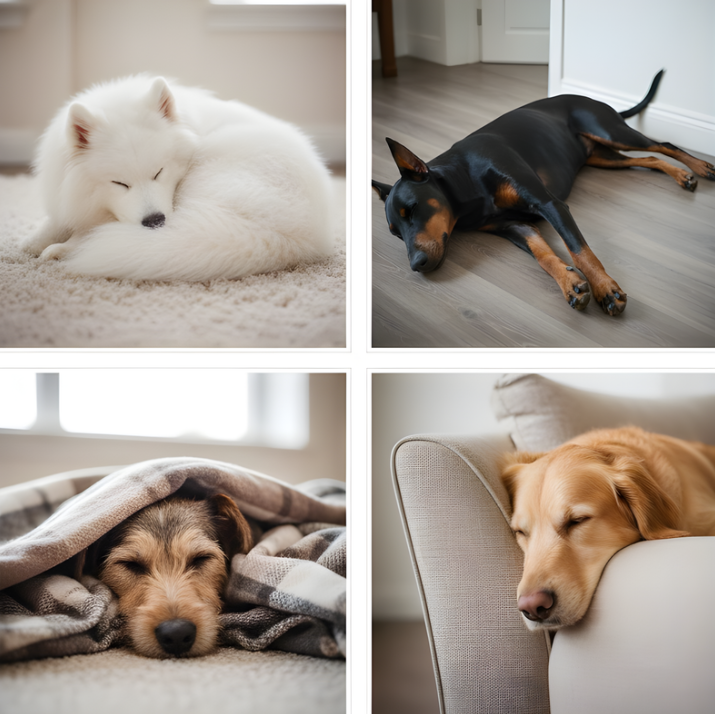 Four dogs resting in different sleeping positions on soft indoor surfaces.