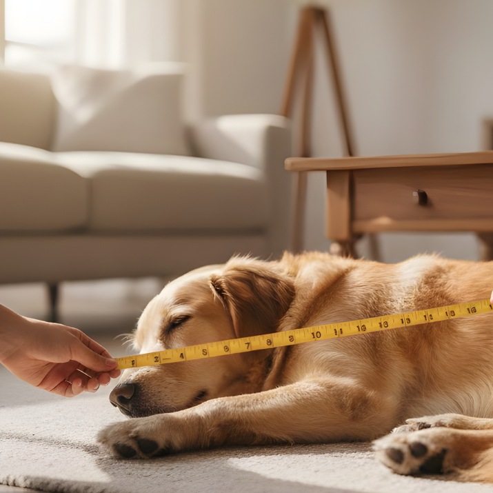 Person measuring a sleeping golden retriever to choose the correct dog bed size.