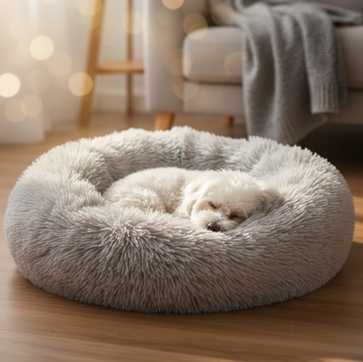 Small white dog sleeping curled up in a fluffy grey donut bed.