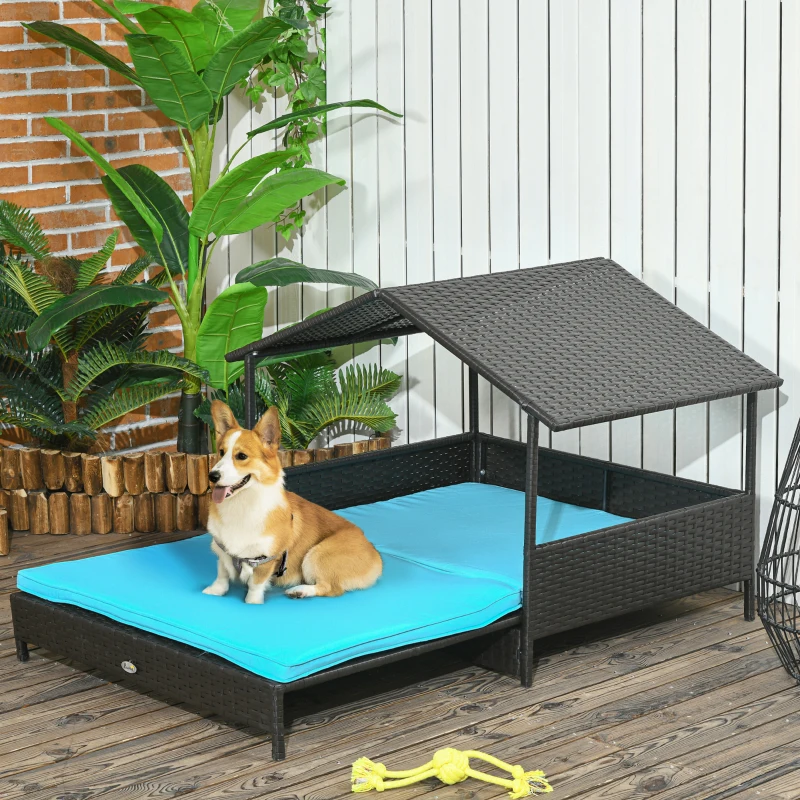Corgi sitting on a large turquoise outdoor dog bed with a raised rattan canopy.