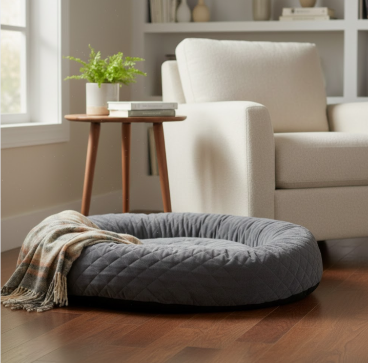 Quilted grey dog bed with a plaid throw on a wood floor near a white armchair.