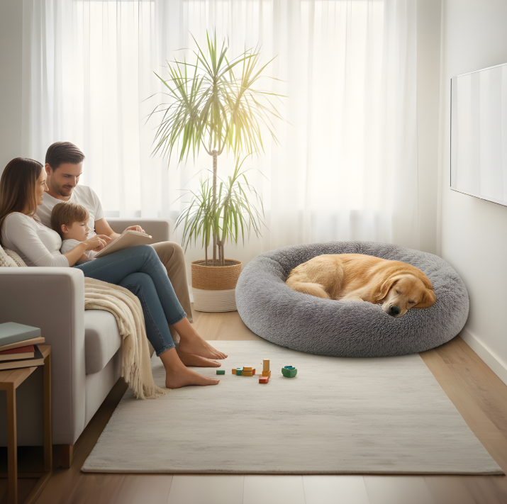 Golden retriever sleeps in a large, fluffy grey dog bed near a family on a sofa.
