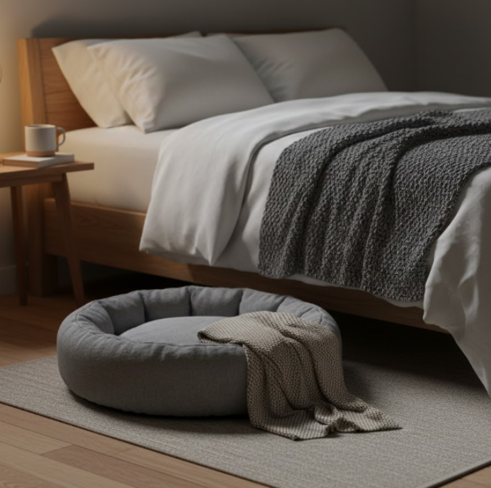 Grey round dog bed with a blanket on a rug next to a modern wooden bed.