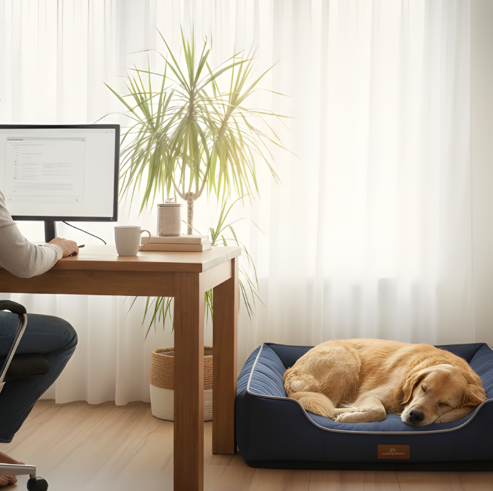 Golden retriever sleeping on a blue bed beside a person working at an office desk.